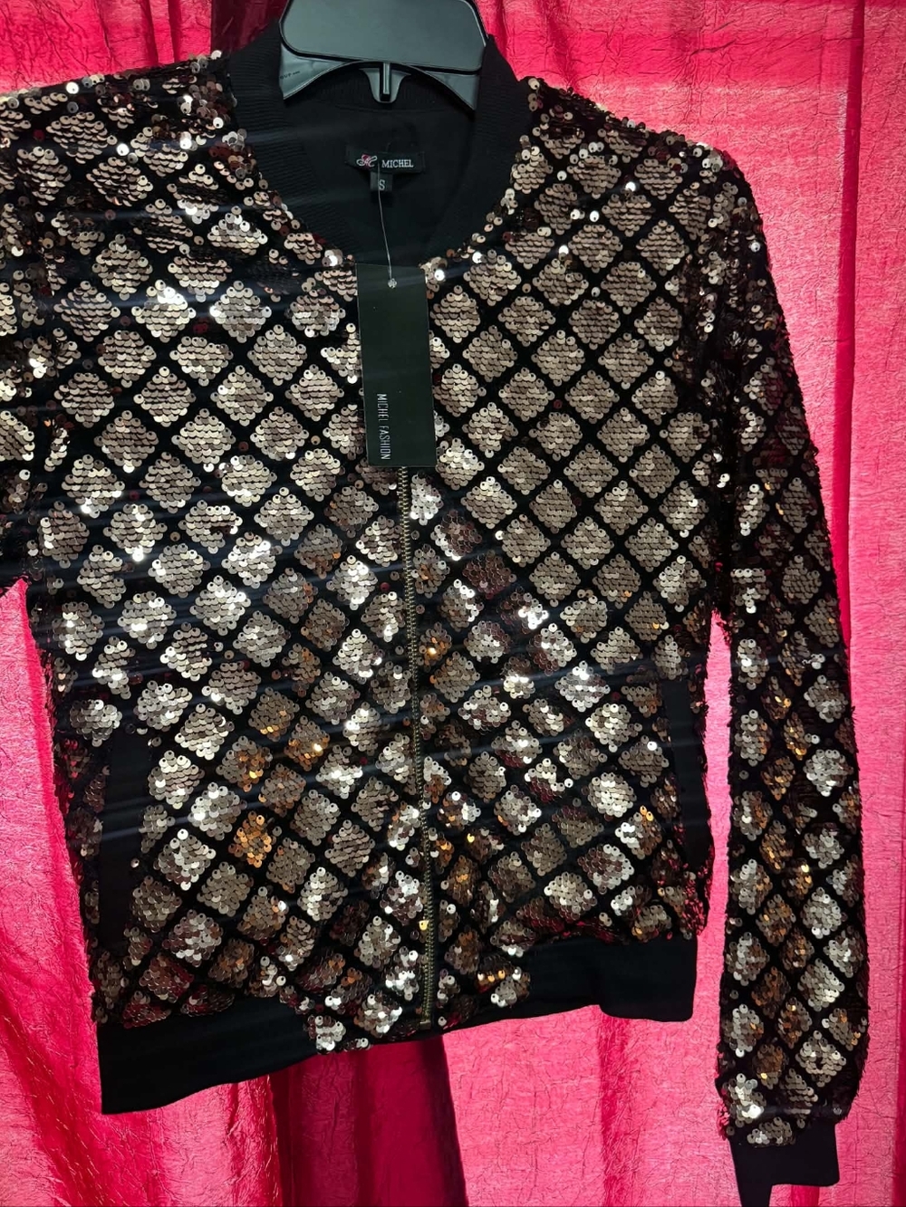 Michel Studio Black Bomber Jacket with Gold Sequins
